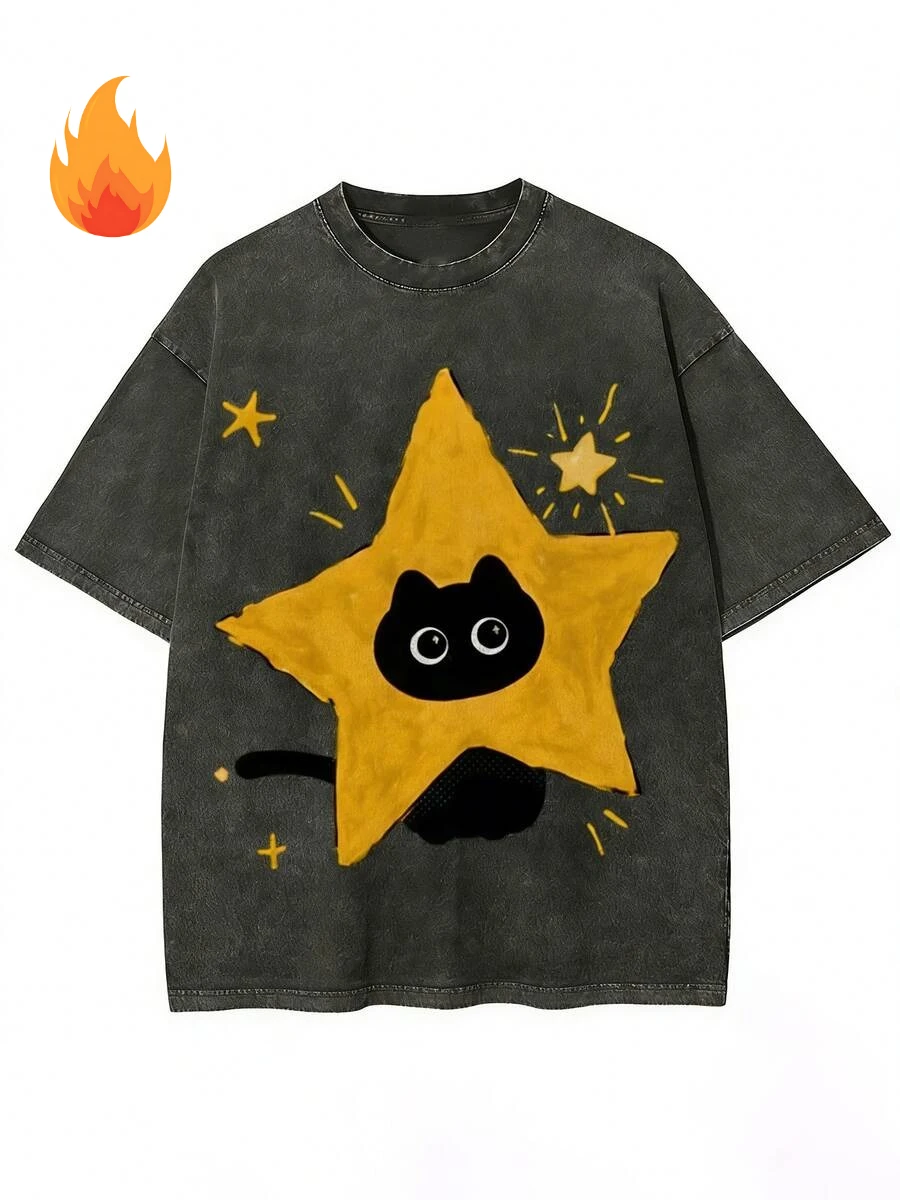 Vintage Wash Heavyweight Cotton T-Shirt Minimalist Black Cat Star Graphic Tee Retro Harajuku Streetwear Oversized Loose Fit Tops 2026