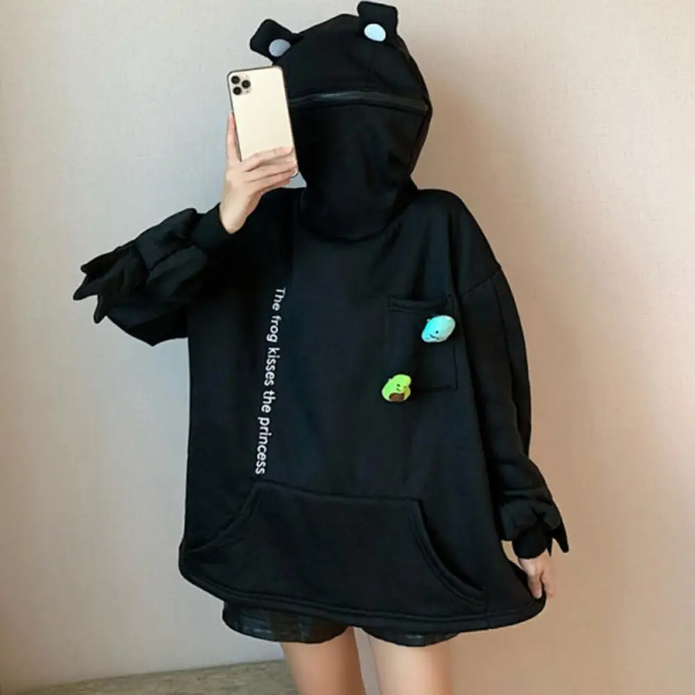 Cartoon Frog Women Winter Hoodie Big Patch Letter Embroidery Winter Hoodie Loose Thermal Long Sleeves Students pull Pullover