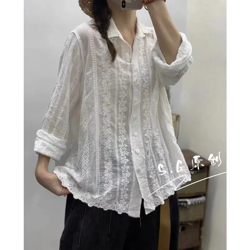 Vintage Striped Embroidered Solid Color Cotton Long Sleeved Lapel Shirt Casual Loose Fit Large Size 2024 Spring New Cardigan Top