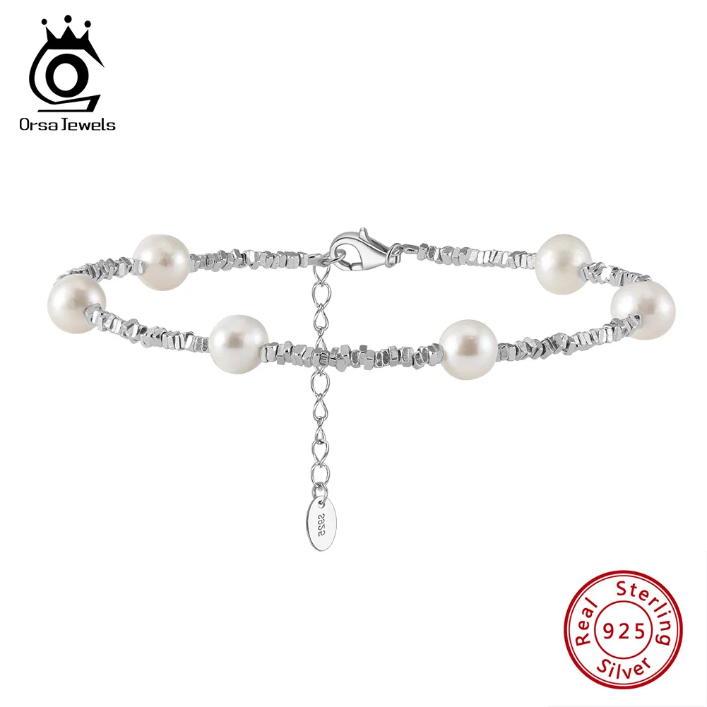 

ORSA JEWELS Fashion S925 Silver Natural Pearl Chain Bracelet Simple Beaded Wedding Party Charm Pearl Bracelet Jewelry Gift GPB28