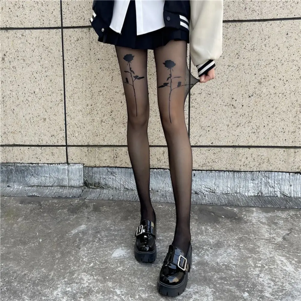 

Breathable Japanese Comfortable Rhombic Lattice Silk JK Rose Pattern Female Stockings Ultra-thin Pantyhose Women Tights