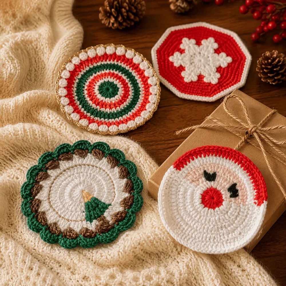 Festive Non Slip Christmas Coaster Handmade Knitted Drink Coaster Yarn Crochet Table Mat Home Decor