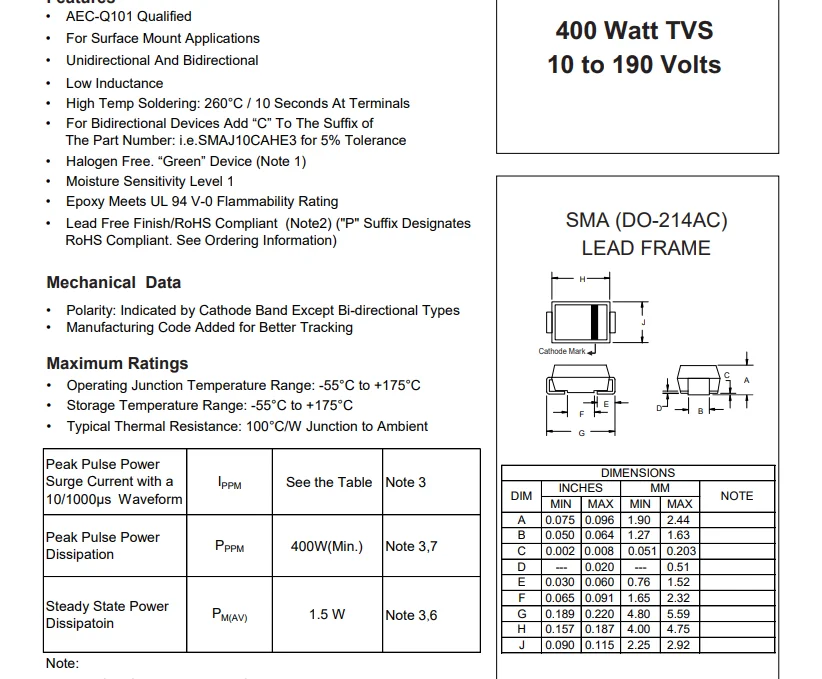 (100 pcs) SMAJ30CAHE3-TP DO-214AC SMAJ30CAHE3-TP) - Bidirectional TVS Diode 30V 400W 48.4V Clamp AEC-Q101