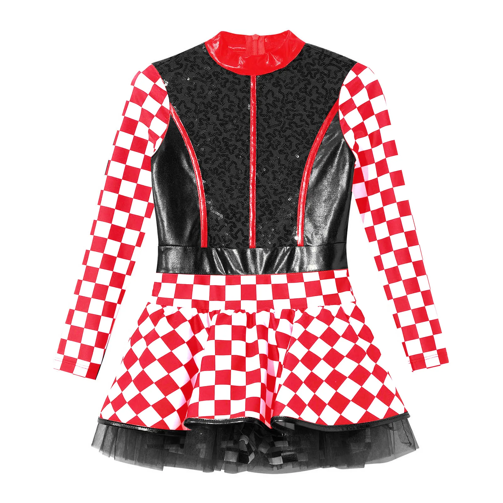 Teen Girls Halloween Carnival Racer Driver Cosplay Performance Costume Long Sleeve Checkerboard Sequin Racing Car Leotard Dress