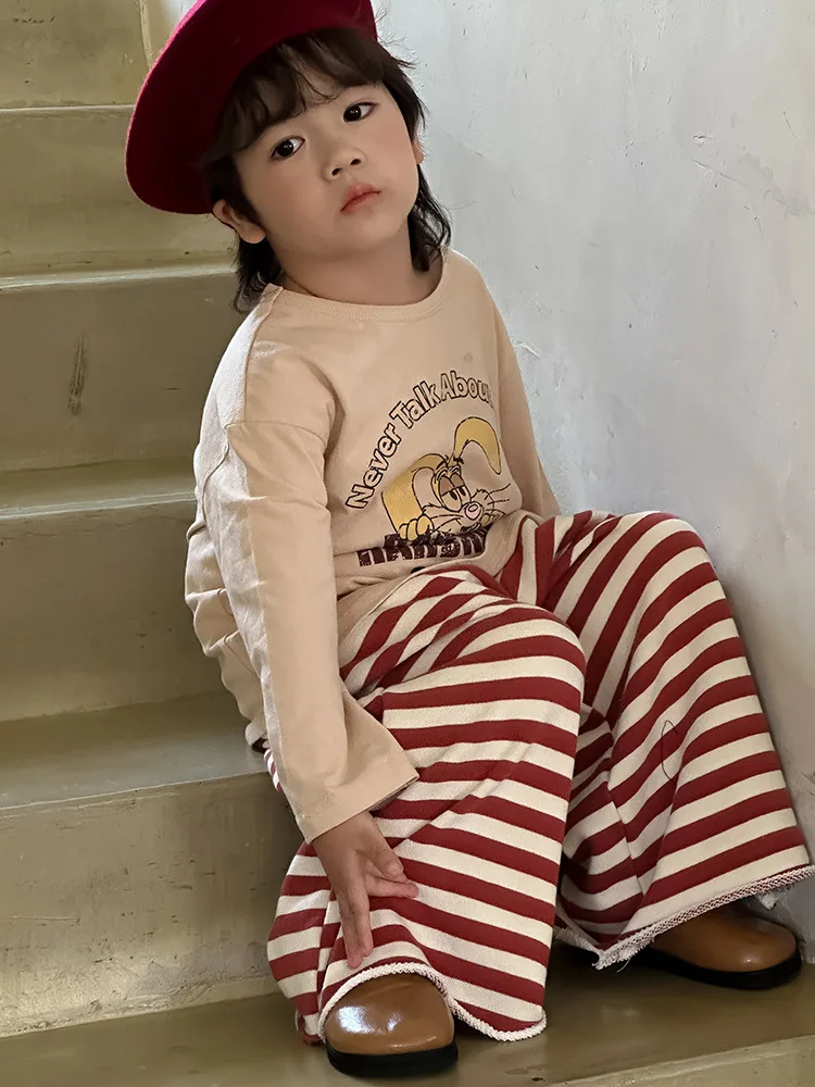 2024 Autumn New Children Trousers Fashion Boys Loose Casual Pants Cotton Versatile Girls Striped Wide Leg Pants Kids Clothes