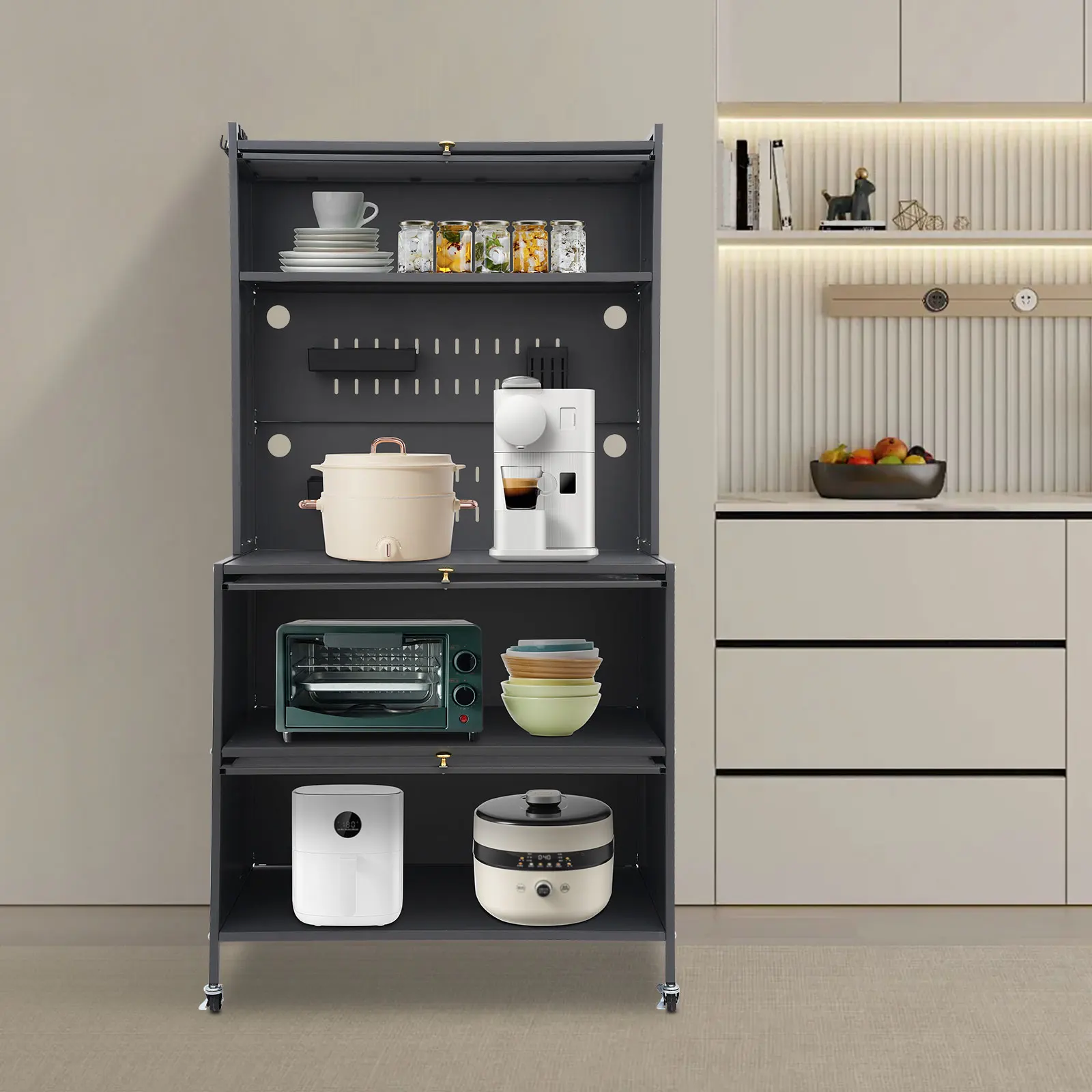 5-Tier Bakers Rack for Kitchen Storage Side Cabinet Multifunctional Microwave Stand Storage Cabinets with Flip Door for Home