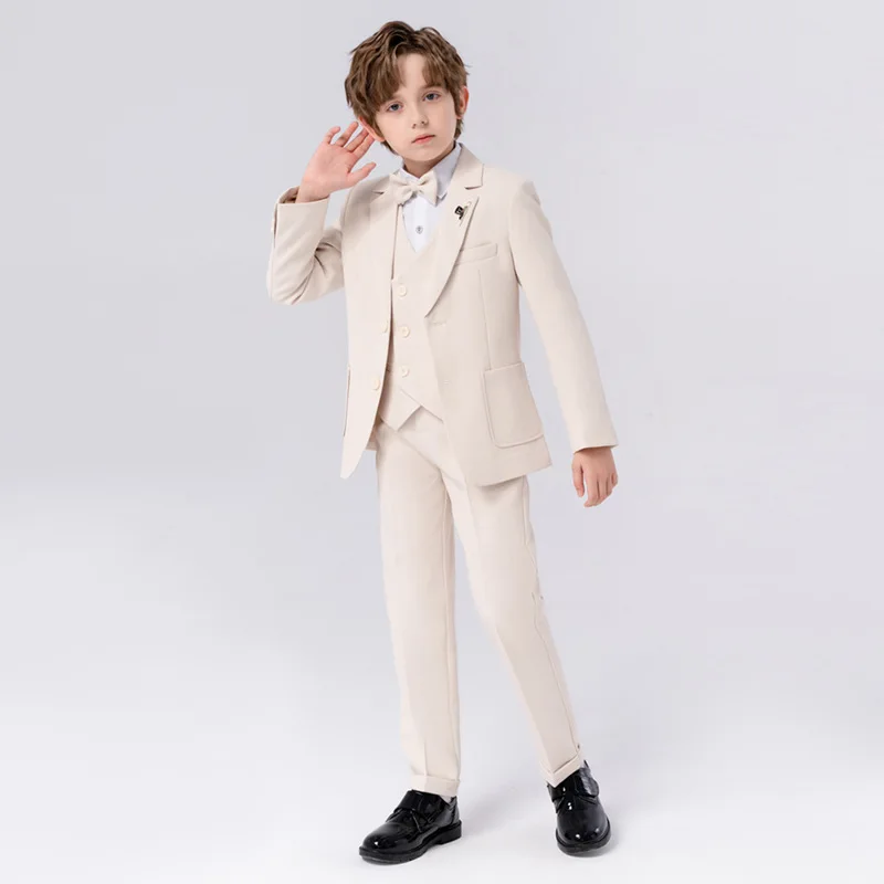 

Children Champagne Jacket Vest Pants Bowtie Piano Party Dress Kids Graduation Ceremony Photograph Suit Boys Performance Costume