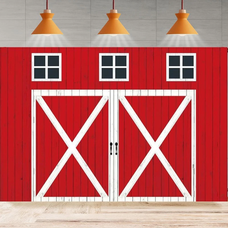 Red Barn Wooden Door Photography Backdrop Farmhouse Baby Shower Western Wooden Birthday Background Party Backdrop Wall Banner