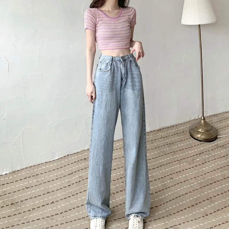 

High Waist Dad Jeans Women's Spring Summer Thin Wide Leg Long Pants Slimming Effect Nine Points Skinny Jeans plus Size