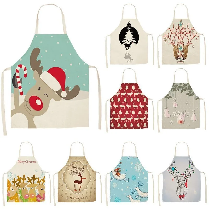 1Pcs Lovely Deer Christmas Apron for Woman Pinafore Cotton Linen Aprons 53*65cm Home Kitchen Cooking Baking Cleaning Bibs