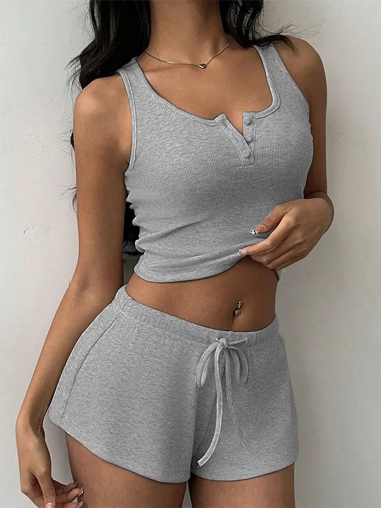 

Nice Women Sports Summer New Tank Shorts 2 Piece Streetwear Fashion Button Top Tank Lace-up Shorts Female Casual Slim Sports Clo