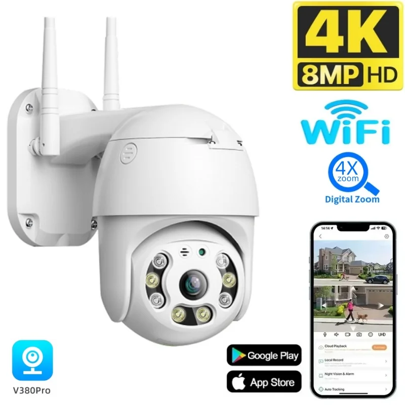 

4K Outdoor Wireless Surveillance Camera 8MP 4X Digital Zoom CCTV AI Human Tracking Color Night Vision Security Monitor PTZ Cam