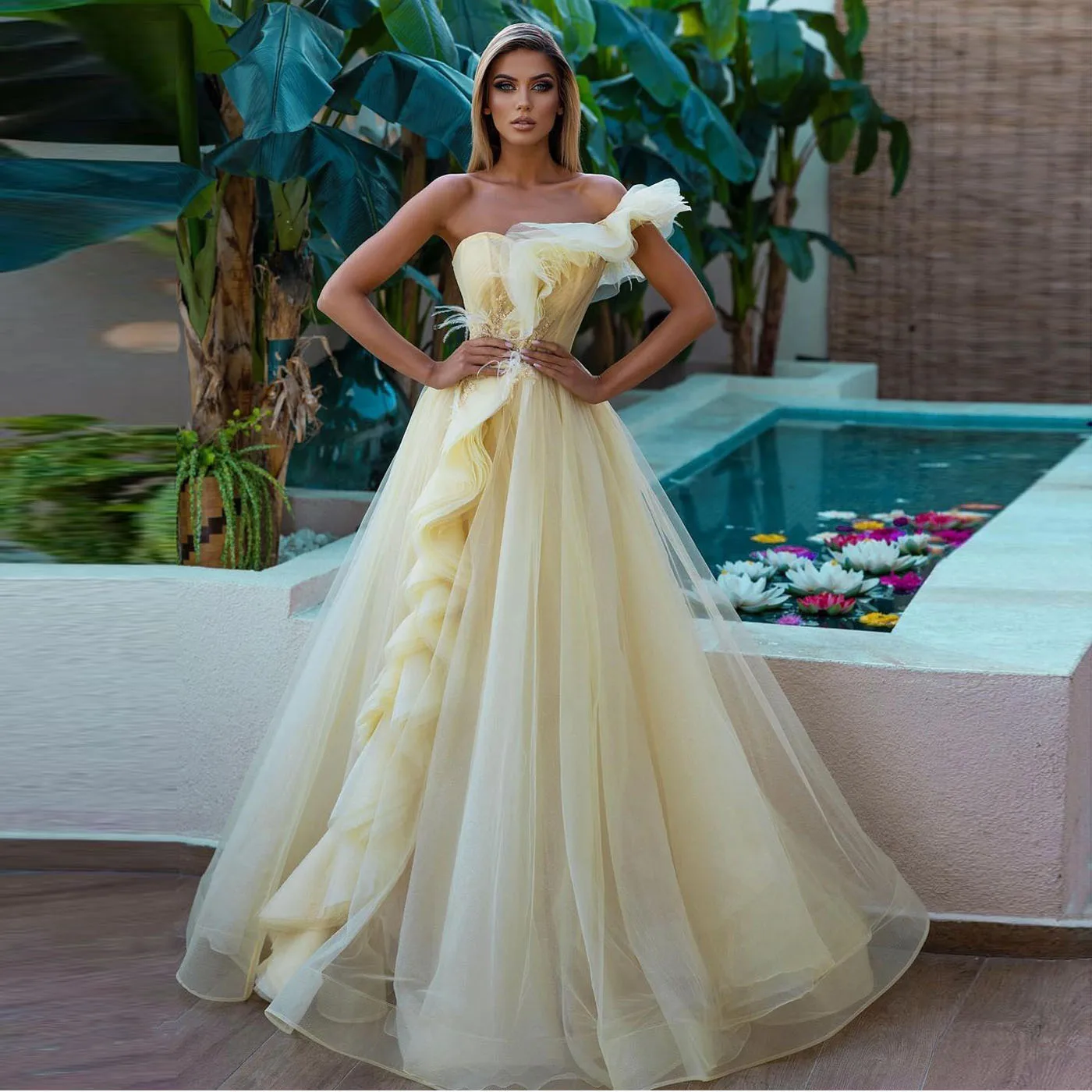 Stunning Yellow One Shoulder Formal Party Dresses vestidos de fiesta elegantes para mujer 2024 Ruffles Beaded Prom Gown Dress