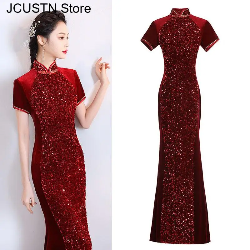 

Sequin Velvet Cheongsam Women Qipao New Chinese Style Improved Dress Mermaid Vestidos Evening Banquet Robe De Soiree Bigsize 3Xl