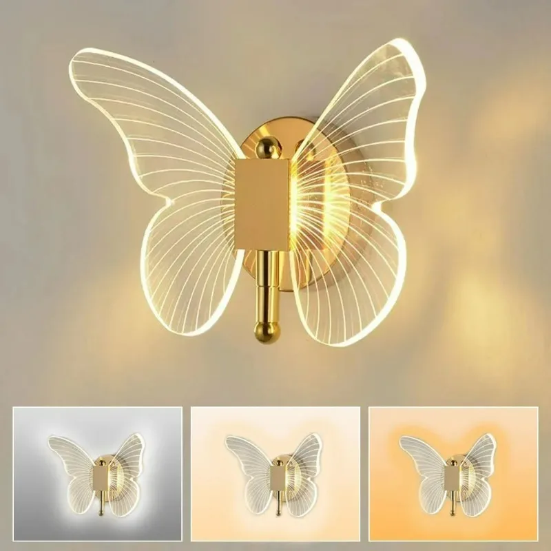 

Butterfly LED Wall Lamp Corridor Light Modern Metal Acrylic Wall Lamp Three Color Adjustable Bedroom Bedside Wall Lamp