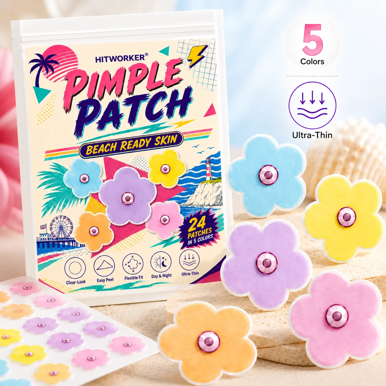 50/150 pcs HITWORKER Flower Pimple Patch, Colorful Flower Shape Patches, 5 Colors, Ultra-Thin Clear-Look Daily Care Stickers view 5