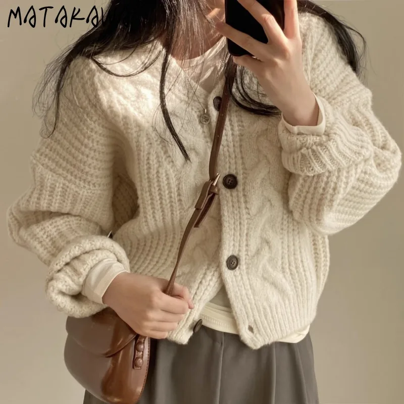 

Matakawa Autumn Winter Short Cardigans V Neck Korean Fashion Thick Solid Warm Women Sweaters Loose Simple Sueter De Mujer