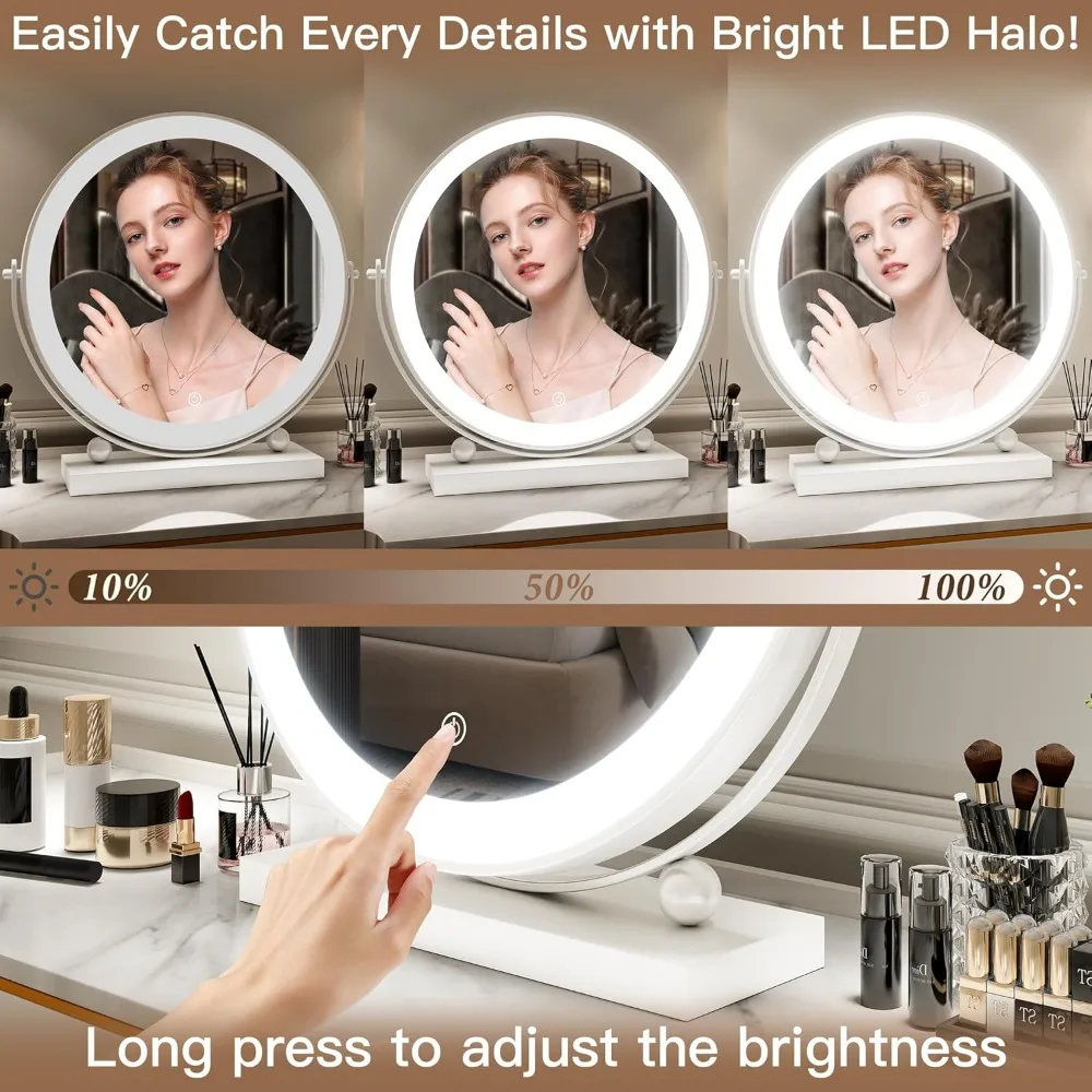 مرآة زينة LED مقاس 13 بوصة مع تحكم ذكي باللمس، 360 درجة ° دوران، مرآة مكياج بيضاء لغرفة النوم #3