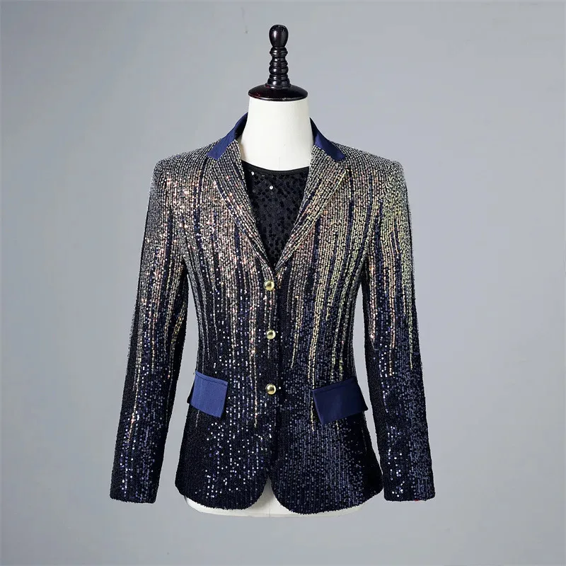 

Men's Gradient Blue Sequin Flat Lapel Casual Suit Jacket DJ Singer Shiny Jacket Prom Dress