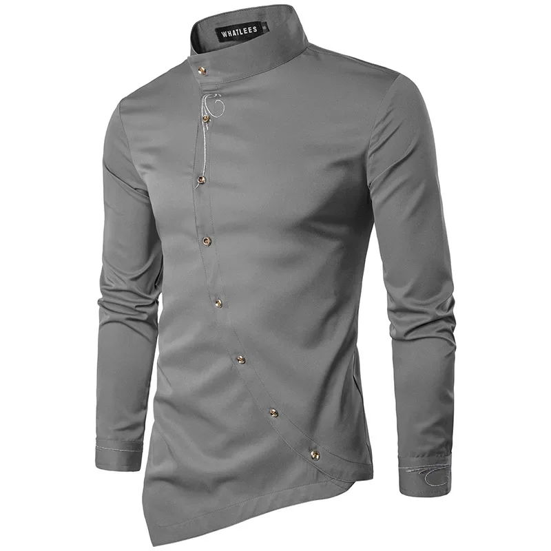 Men\'s Casual Vintage Irregular Hem Stand Collar Long Sleeve Dress Shirt Wedding Party Loose Button Up Blouse