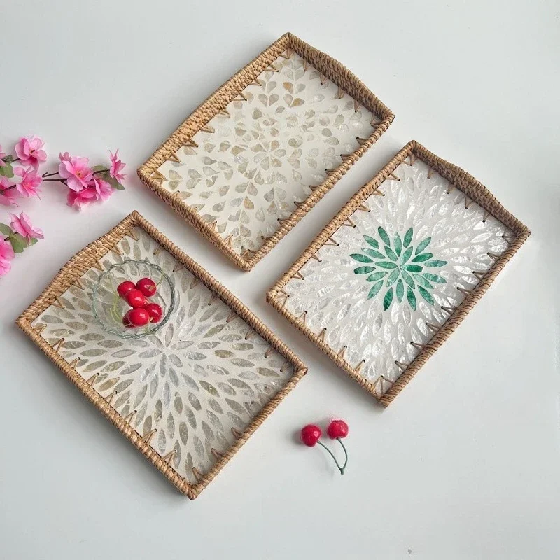 Handwoven Rattan Tray with Seashell Design 33cm, Natural Colored Shell Fruit Snack Serving Plate,Home Kitchen Dining Table Decor