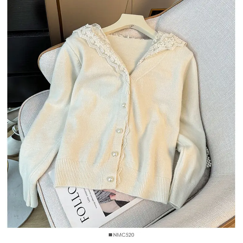 

Matakawa Lace Hooded Women Sweaters Solid Autumn Winter Sweet Short Cardigans Korean Fashion Elegant Retro Sueter Mujer