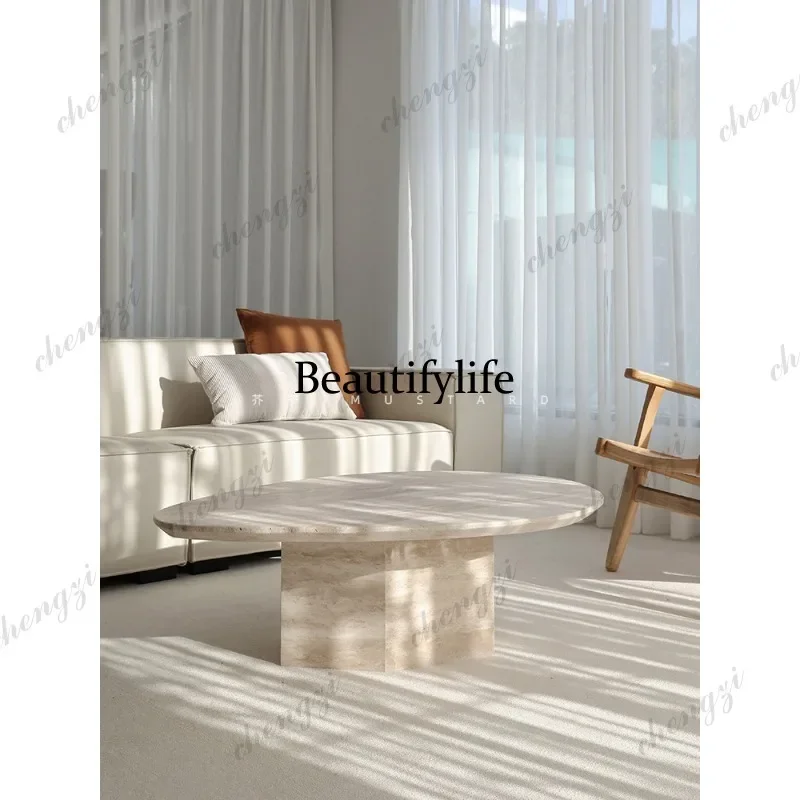 P37 Natural Huangdong stone coffee table oval special-shaped medium and ancient French retro living room tea table