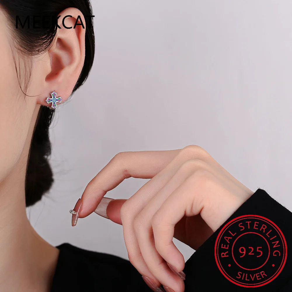 Full Garnet Amethyst Blue Topaz Sapphire Emerald 925 Silver Double Layer Rainbow Cross Hoop Earring Colorful Gemstone Jewelry