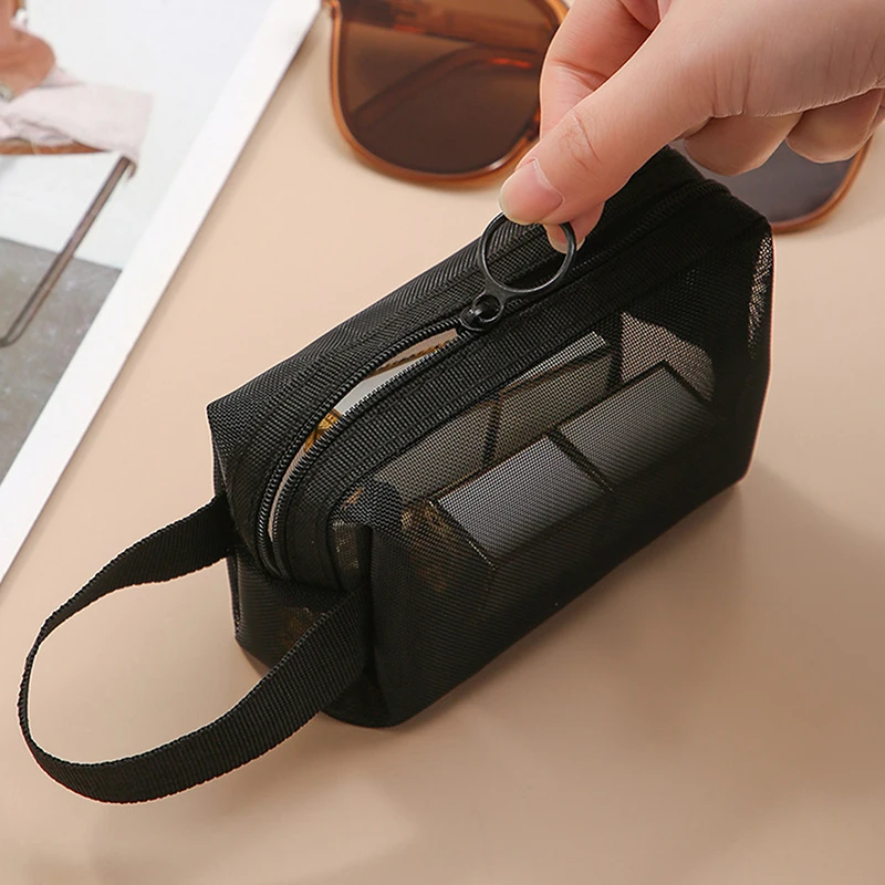 Nylon Black Mesh Cosmetic Bag Handbag Zipper Office Student Pen Bag Multifunctional Storage Bag Different Sizes
