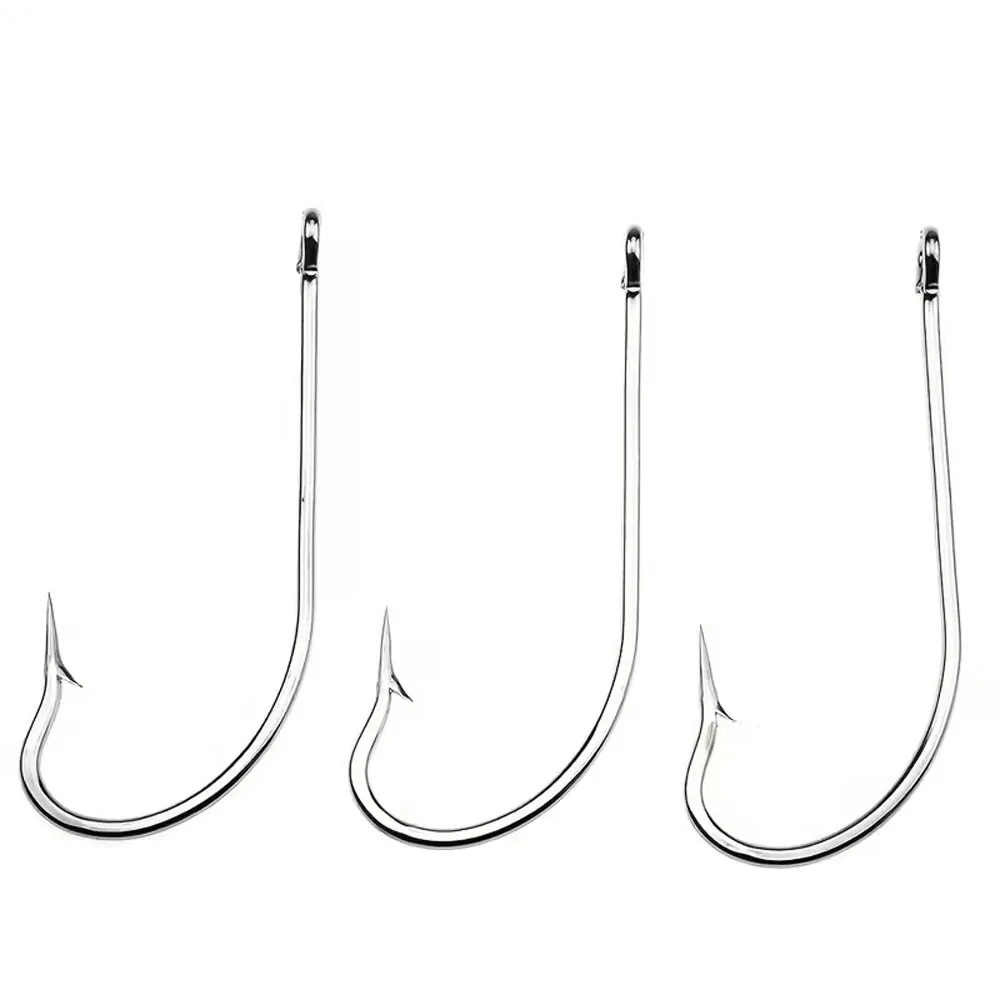 50 O'Shaughnessy weiße Seepferdchen-Haken, verpackt in einer Box, 9255 lange Griffhaken mit Ringen, geeignet zum Meeresangeln, geeignet für Pomfret und Barsch
