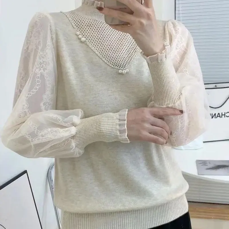 Elegant Solid Color Long Sleeve Beading Blouse Female Clothing Gauze Lace Stylish Spring Autumn Spliced Half High Collar Shirt