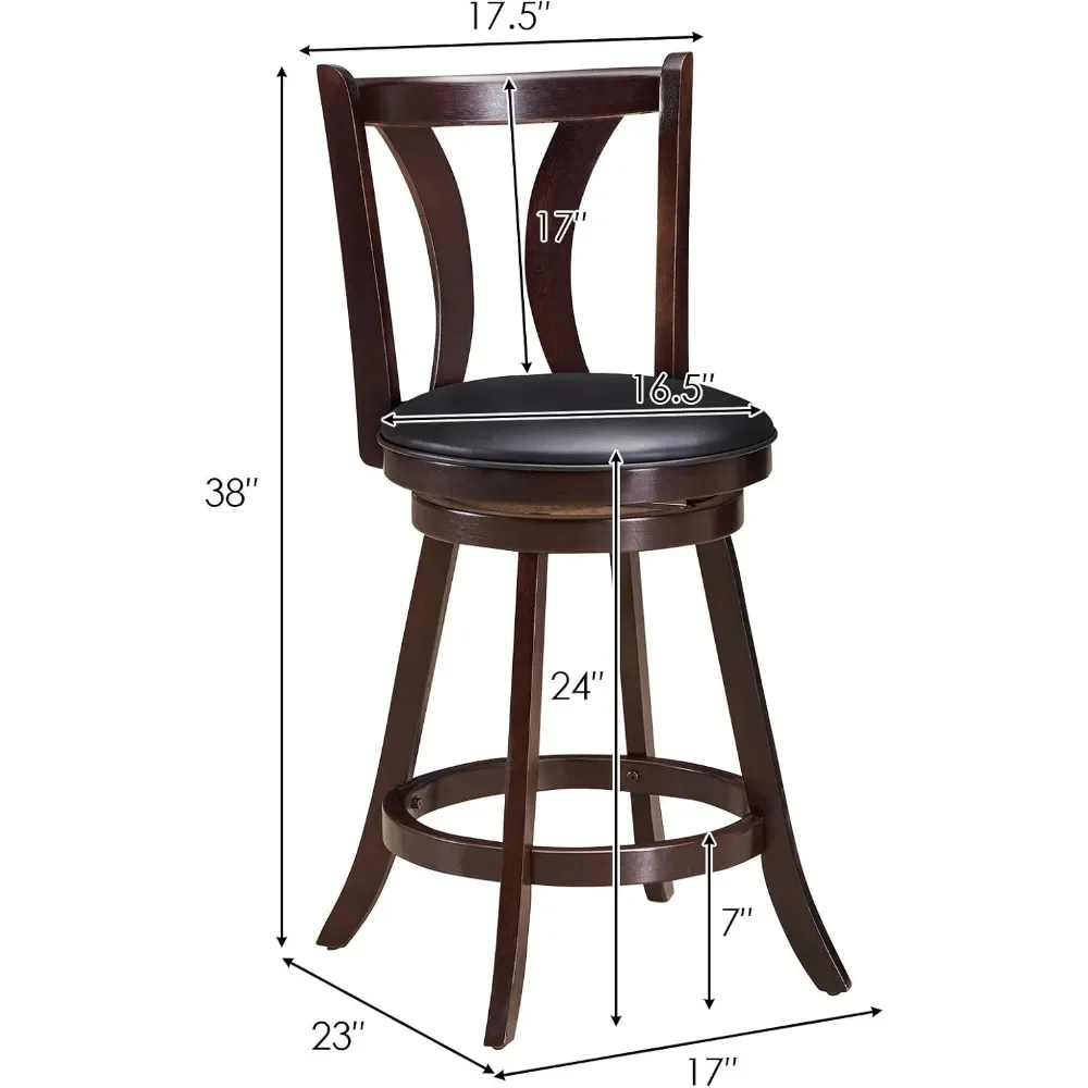 Bar Stools Set of 2, 360-Degree Swivel Stools with Leather Padded Seat, Single Slat Back & Solid Rubber Wood Legs