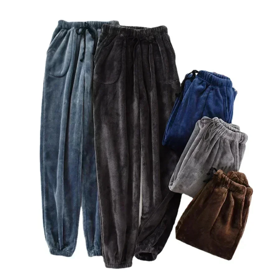 

Утепленные флисовые мужские пижамные штаны, плотные бархатные осенне-зимние домашняя одежда на шнурке, мужские брюки с эластичной резинкой на талии, зимние штаны для сна