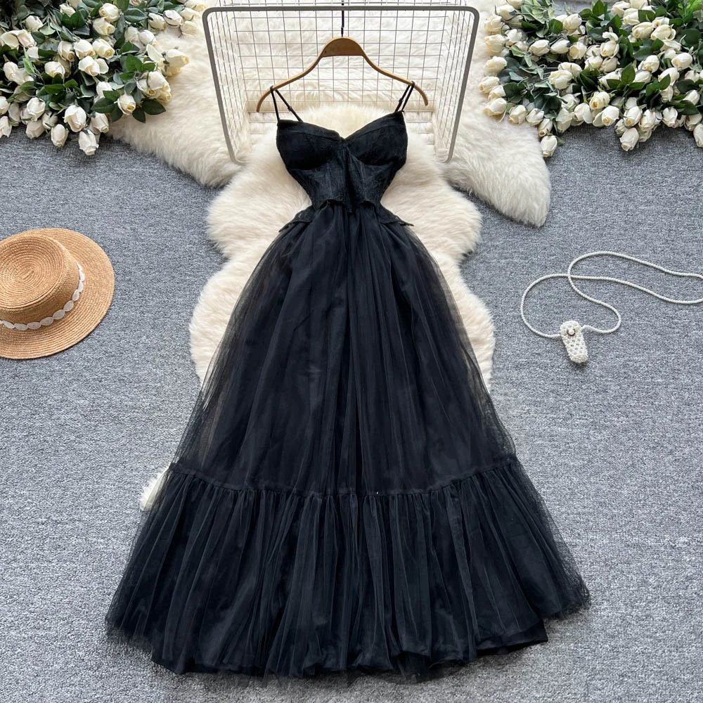 

Women Solid Dress Regular Dresses Sexy Lace Tulle Vestidos Sleeveless Collarless Ankle Length Cinched Empire Waist 2025 Autumn