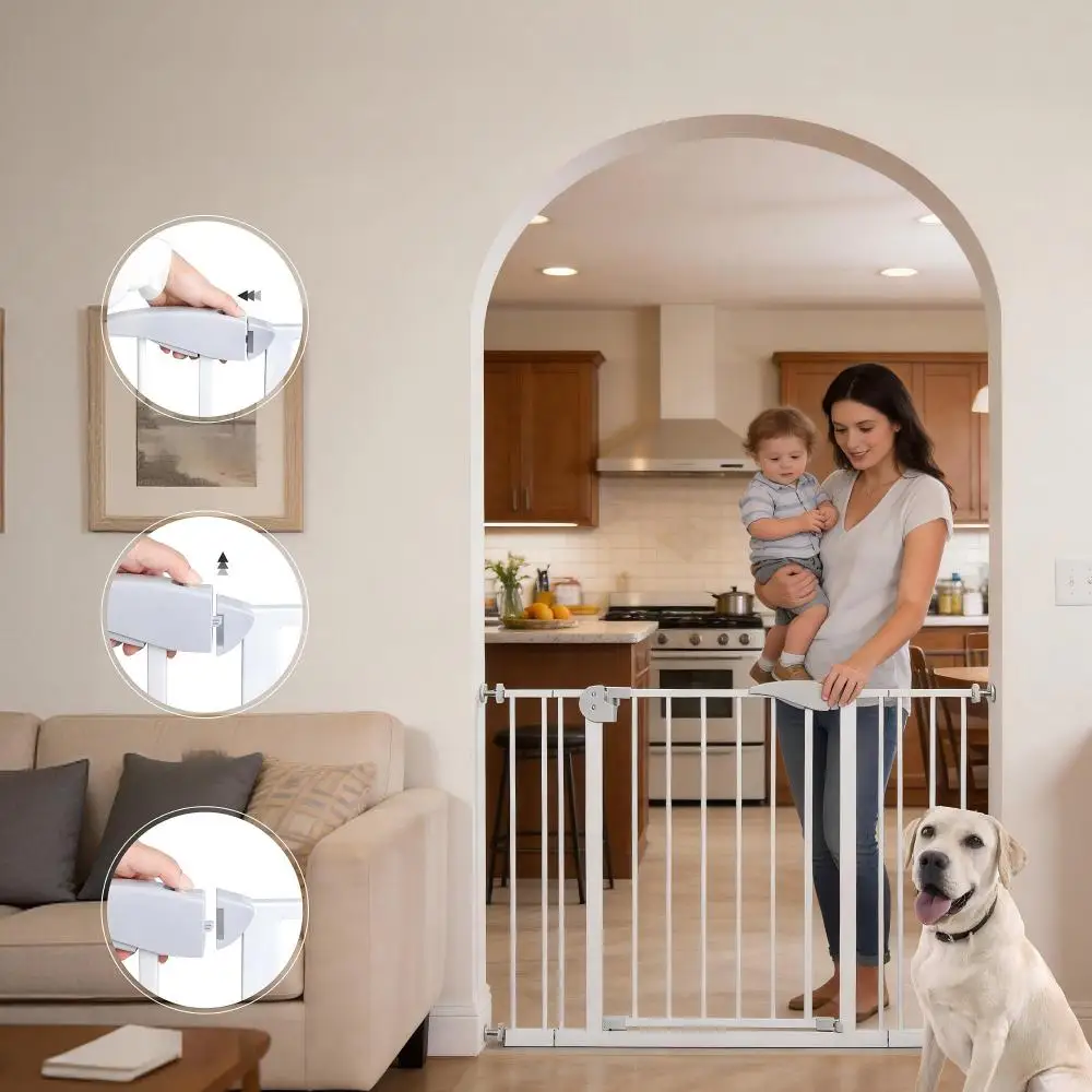 

Double Door Baby Gate: Stairs/Doorways, 75-115cm, Auto Close, Pressure-Mounted White-Metal Child/Pet Gate