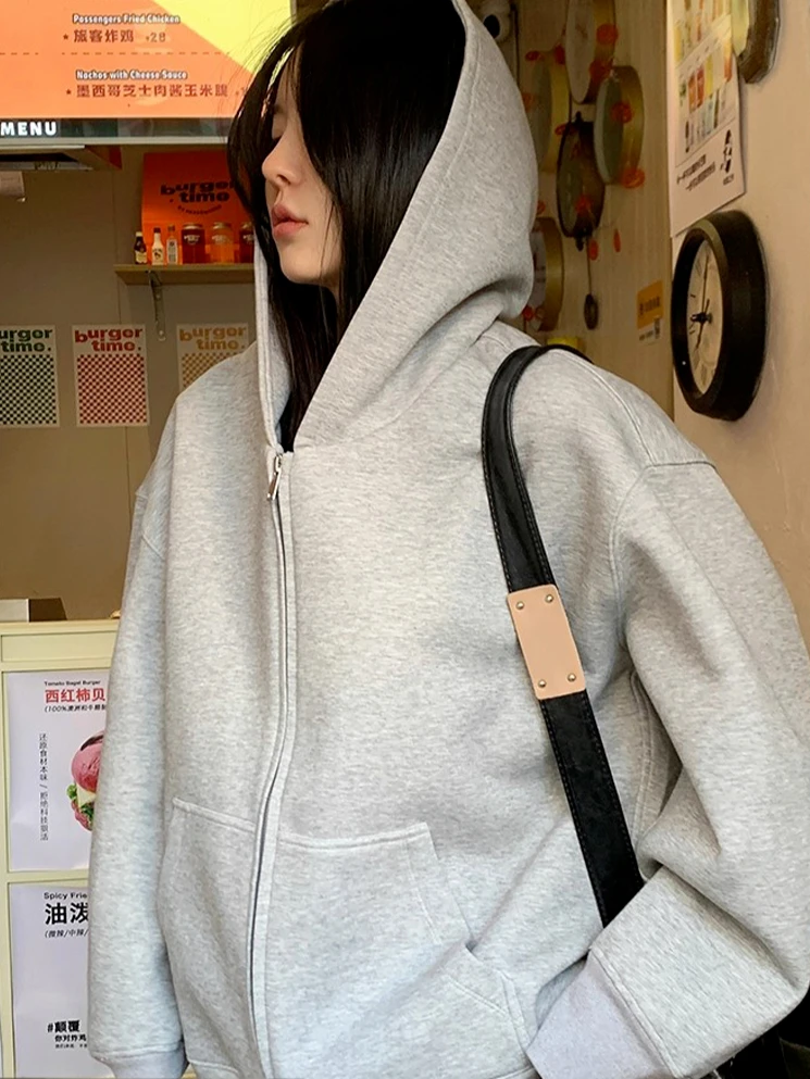 

Однотонный свитер на молнии с капюшоном, мужской и женский свободный флисовый кардиган большого размера, верхняя куртка для пар