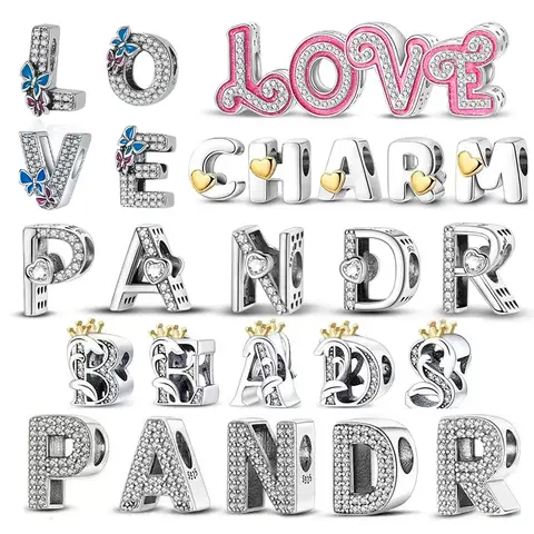 Sterling Silver S925 26 Letter A-Z Alphabet Heart Beads Pink Charm Fit Original Bracelet Accessories DIY Jewelry for Women Gifts