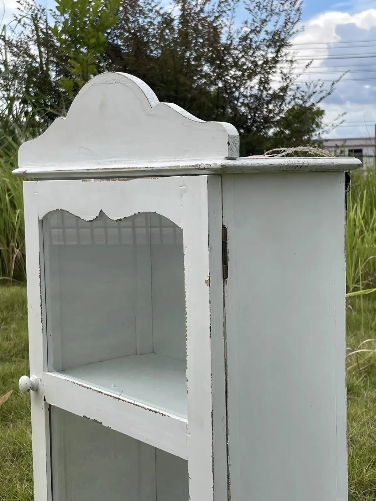 Handmade Vintage White Wood Display Cabinet with Glass Door, Wall-Mounted or Tabletop Storage Shelf for Bathroom Kitchen Decor view 4
