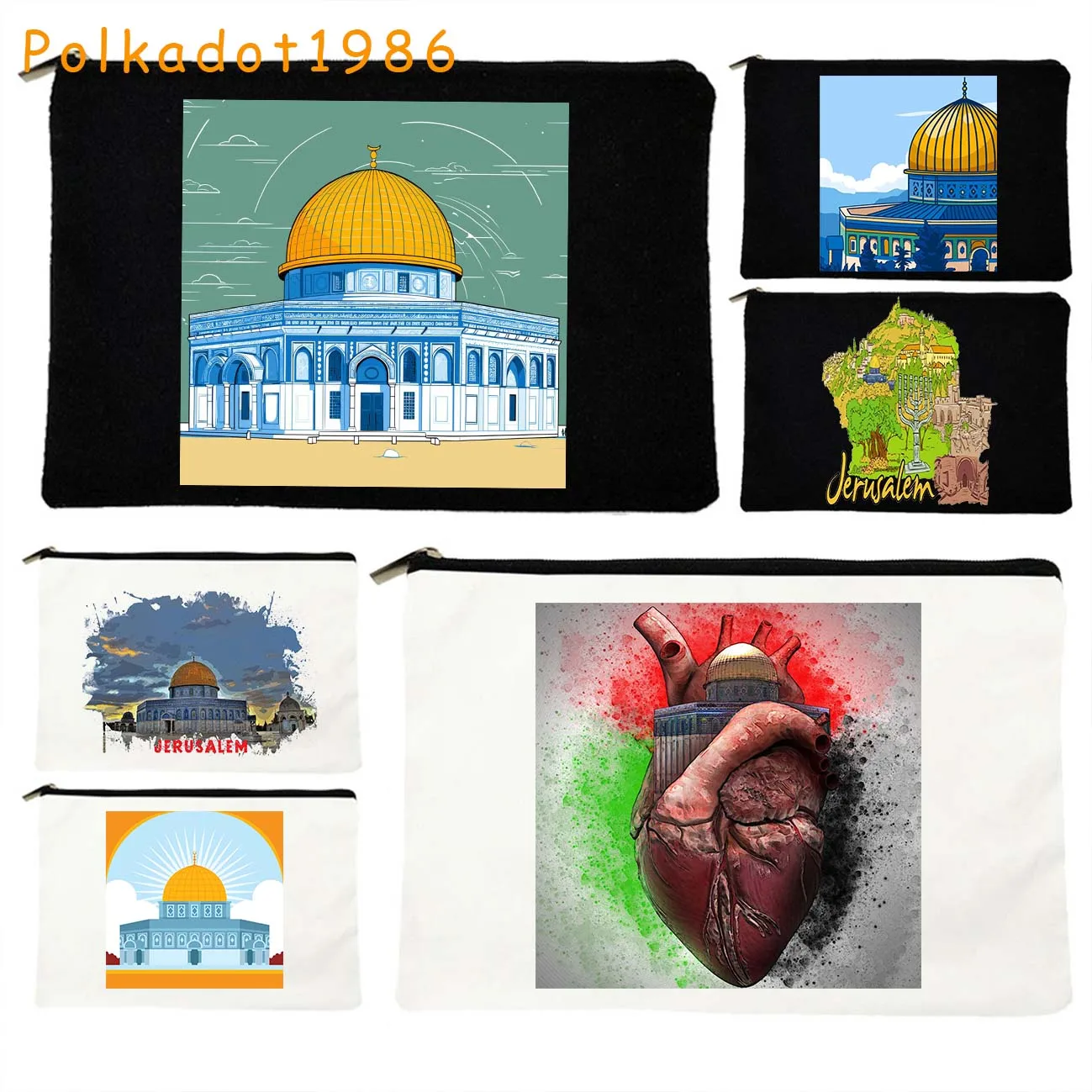 

Arabic City Building Heart Jerusalem Watercolor Al Aqsa Mosqu Dome Canvas Cosmetic Makeup Bag Pencil Case Zipper Pouch Cute Gift