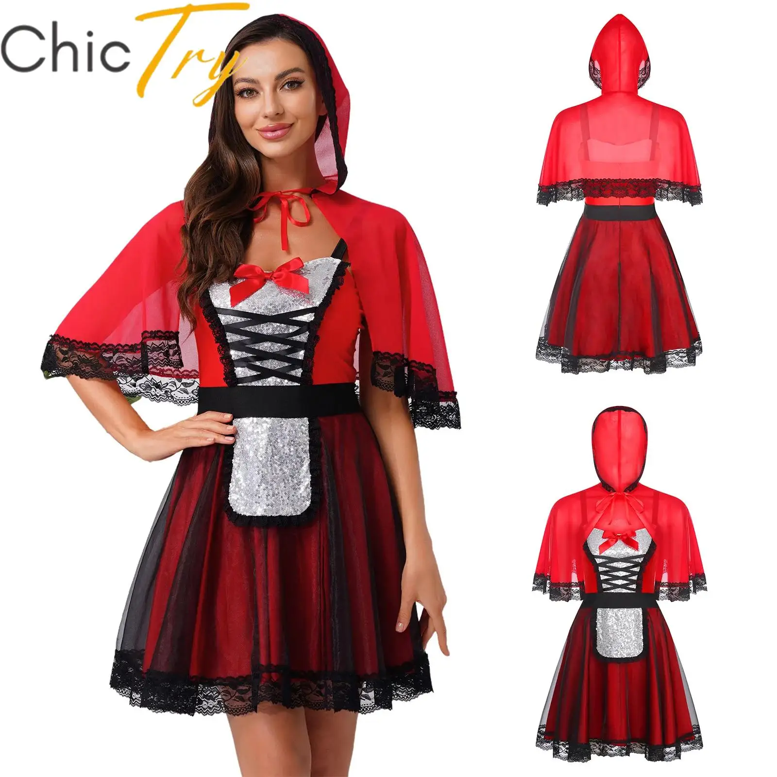 

Womens Riding Hood Costume Halloween Cosplay Dress with Red Hood Cape Bow Sequin A-line Sling Carnival Themed Parties Dress Up