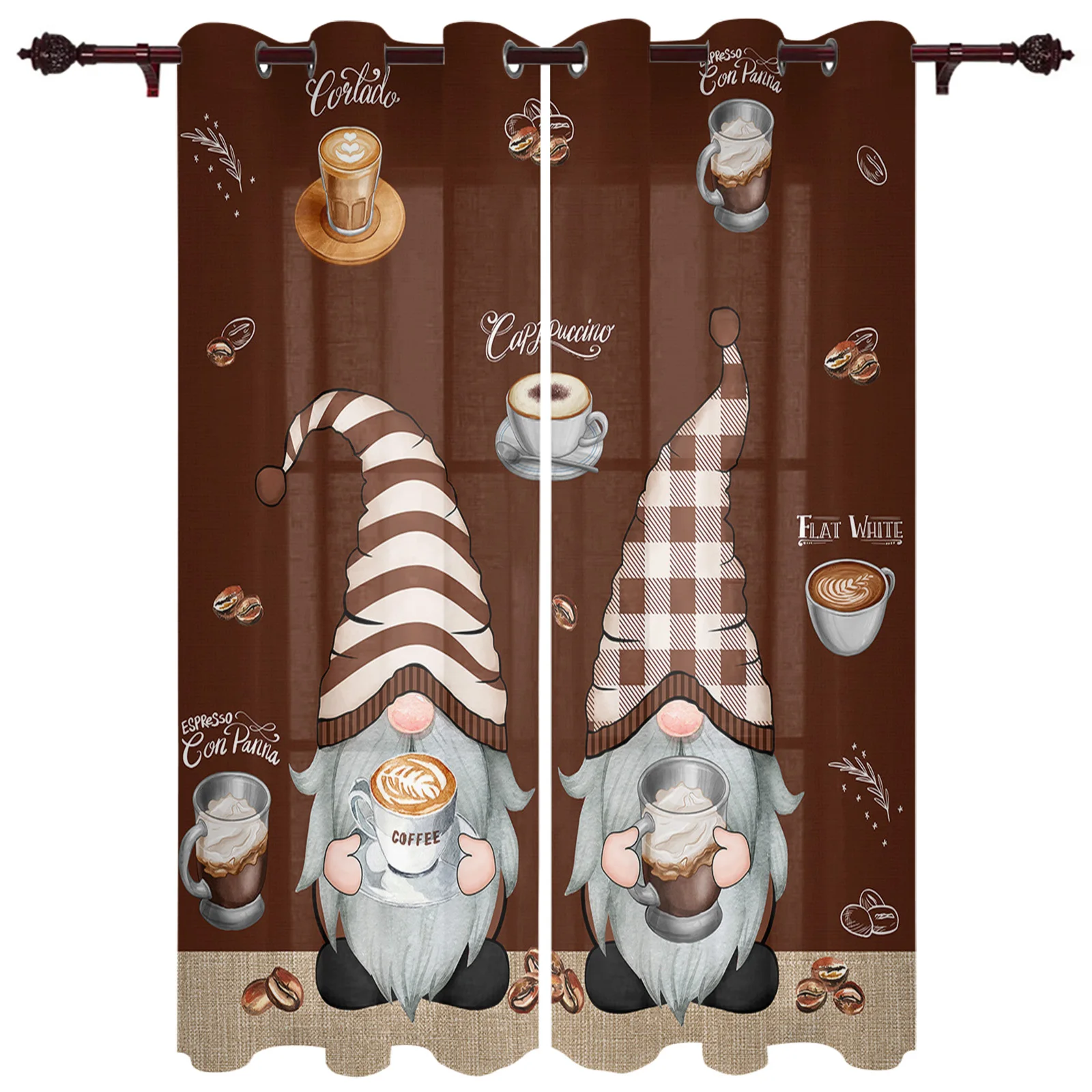 Coffee Dwarf Coffee Beans Window Curtain Living Room Bedroom Valance Curtain Festival Home Kitchen Decor Curtain