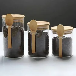 Bouteille de rangement en verre transparent avec cuillère en bambou, vaisselle en bois, farine, sucre brun, cuir chevelu, thé Spi, beaucoup