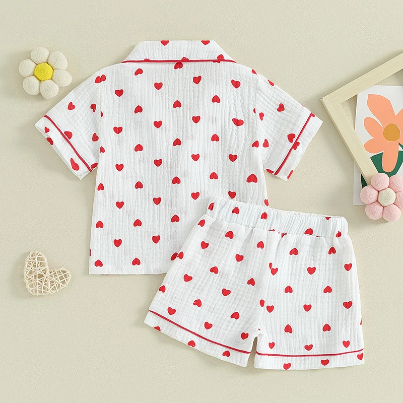 Toddler Baby Girl Valentine s Day Pajamas Set Heart Button Down Short Sleeve Sleepwear Loungewear 2 Piece Pjs Set