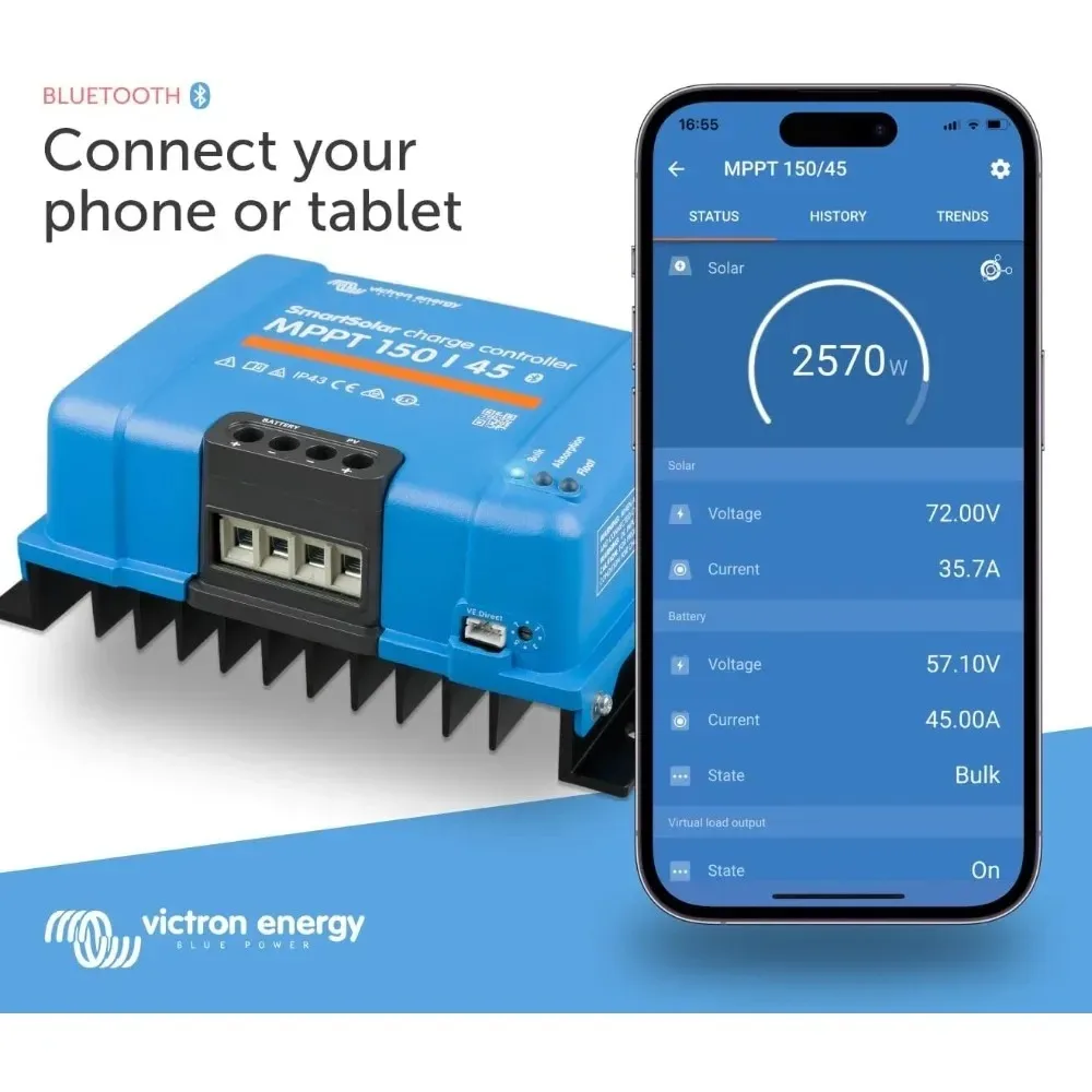 Energy SmartSolar MPPT Solar Charge Controller (Bluetooth) - Charge Controllers for Solar Panels 150V, 45 amp, 12/24/36/48-Volt
