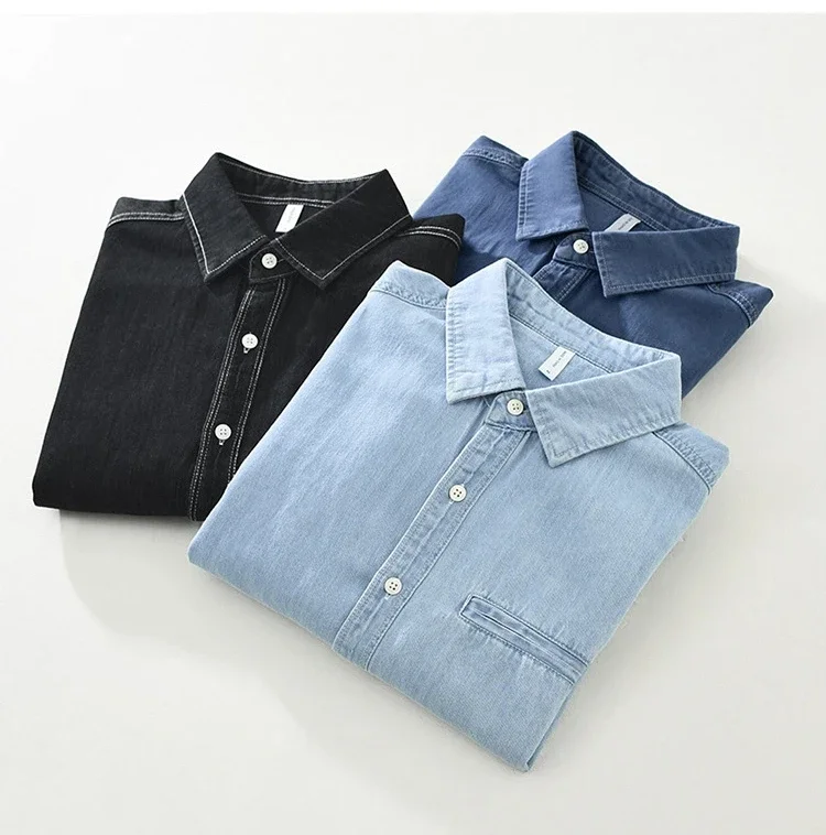 Japanese Retro Jean Shirts Male Spring Fall New Denim Shirt Men Pure Cotton Cowboy Top Square Collar Shirt Casual Button Jacket