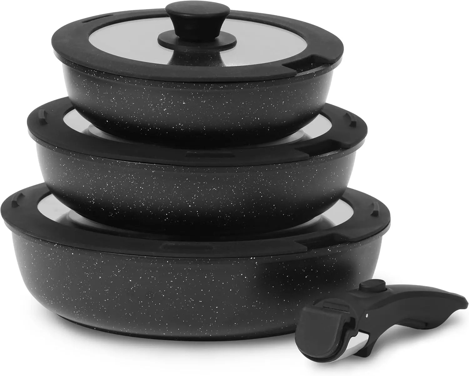 

Nonstick Ceramic Frying Pan Set with Lids, Detachable Handle, PTFE & PFOA Free, Black, 7-Piece