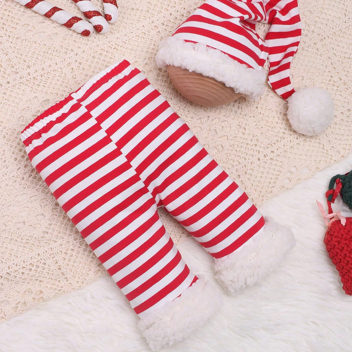 Ylsteed Newborn Christmas Outfit for Pictures Studio Photoshoot Props Striped Pompom Hat and Pants Set Baby Boy Picture Prop