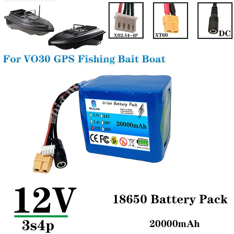 

Перезаряжаемая литий-ионная аккумуляторная батарея 18650 12В 20Ач 3s4p большой емкости 12В 20000мАч с BMS для GPS-прикормочного кораблика V030