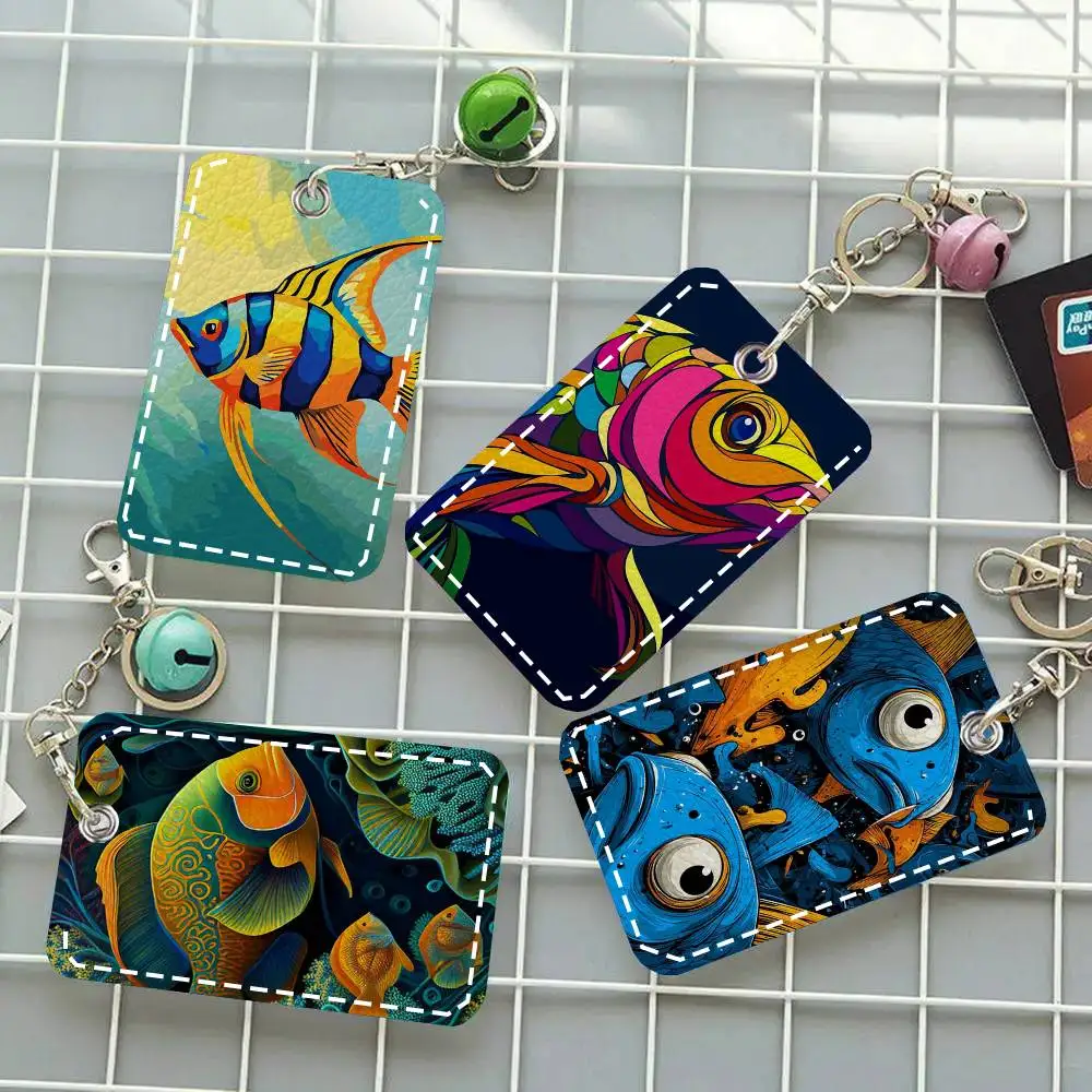 Interesting Retro Goldfish Card Case Keychain Access Card Bag Key Tag Ring Leather Card Holder Key Ring Access