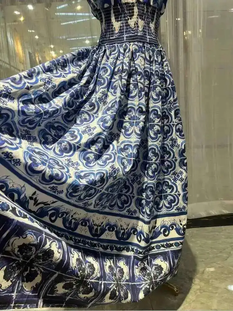 Women Dress Runway Summer Clothes Midi Dress Spaghetti Strap Blue White Porcelain Elastic Bust A-line Vintage Long Dresses